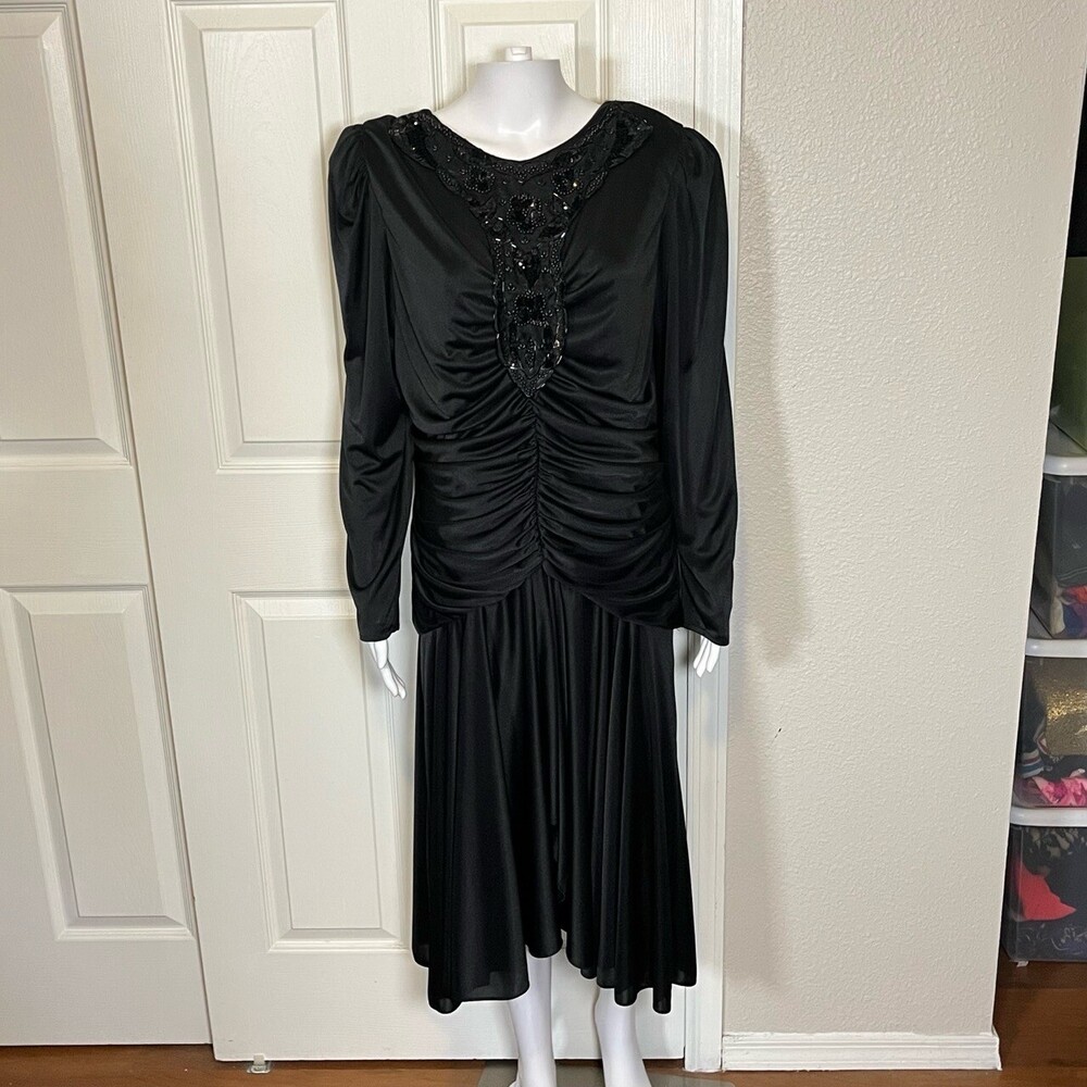 Vintage Black Dress 80s Womens L Sequins Drop Waist Whimsigoth Goth Tripp NYC